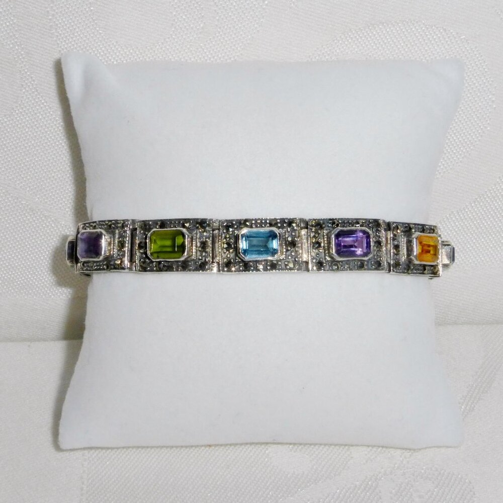 Vintage Silver Bracelet with Marcasite Amethyst Topaz Citrine Peridot Stones 7"